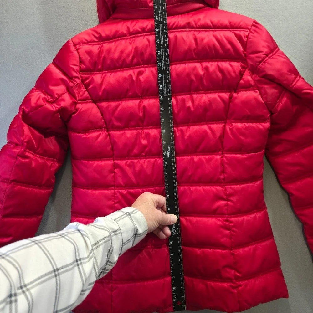 Nautica Women's Red Quilted Puffer Jacket – Faux-Fur Collar Hooded‎ Size Medium